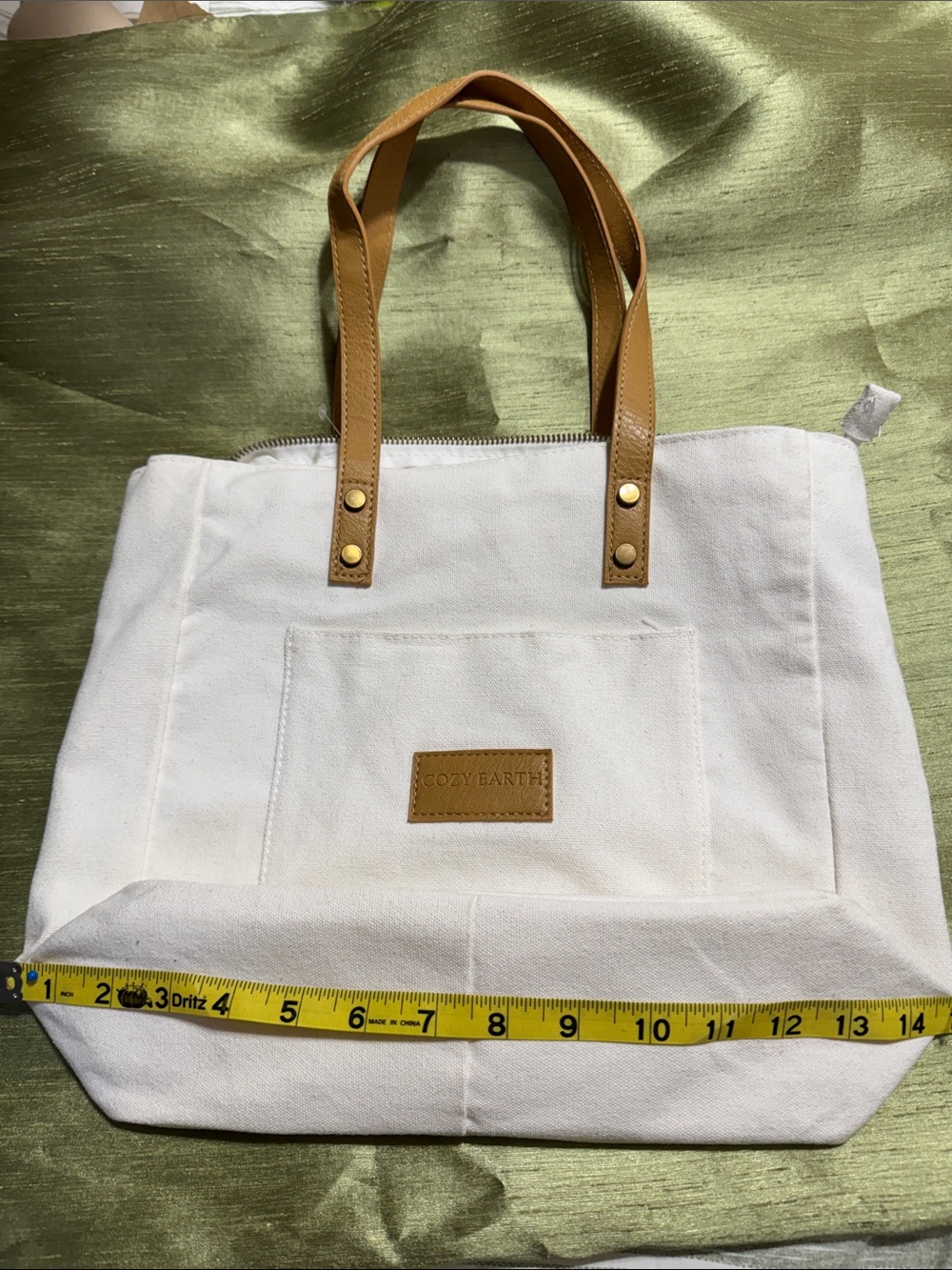 Cozy Earth White Canvas Tote with Tan Leather Handles